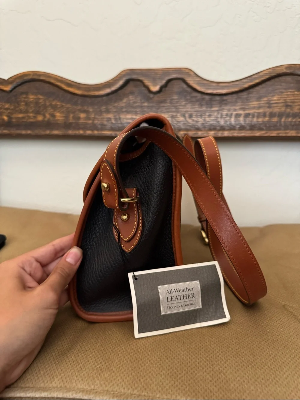 Dooney & Bourke Black Pebbled Leather Messenger with Brown Trim